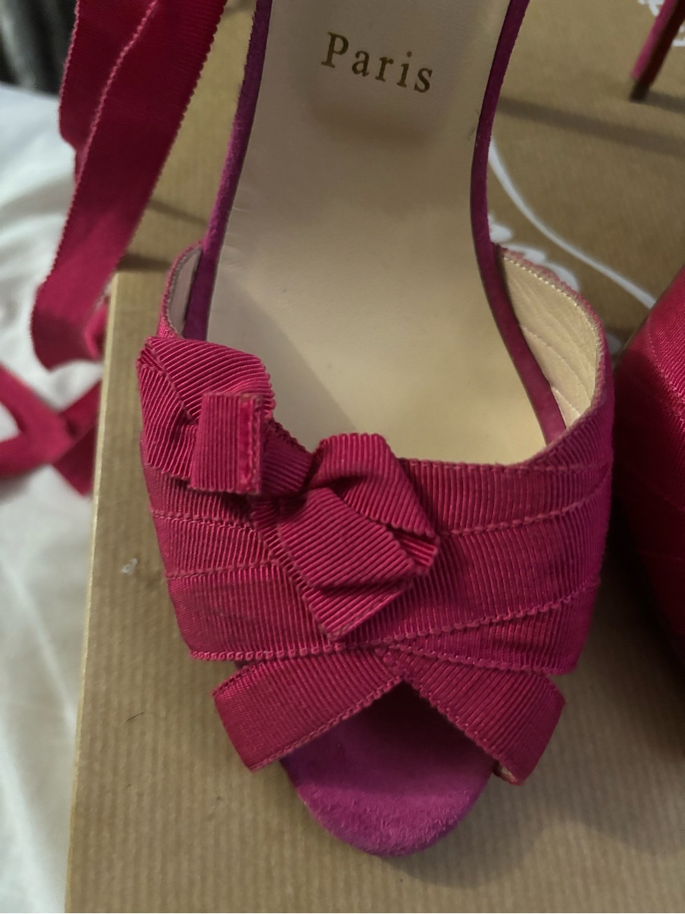 Christian Louboutin christervia /veau velours and Fuchsia Ribbon Peep-Toe Heels